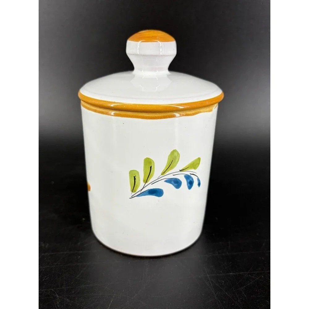 Italian Pottery Hand Painted Lidded Tea Canister Birds Flower Italy Vintage 70's